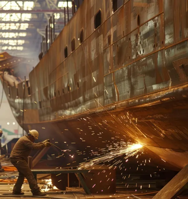Shipbuilding and welding work in a fabrication yard